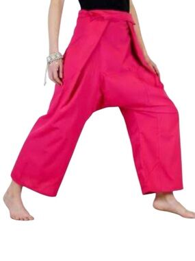 Pink Thai Fisherman’s Pants Wrap Waist Samurai Wide Leg Capri Relaxed Beach Yoga